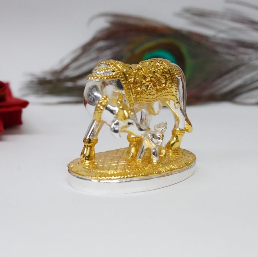 Om Kamdhenu cow con ternero dorado y plateado 2.2 pulg miniatura 3