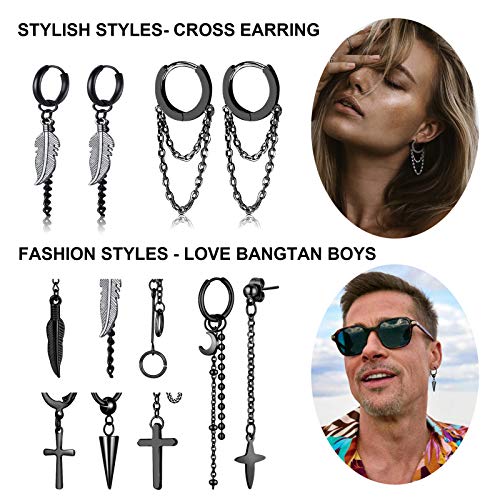 FIFATA 20 Pieces Men Earrings Set - Black Stainless Steel Chain Hoop Earrings Cross Moon and Star Dangle Earrings Piercing Jewelry for Men Women2