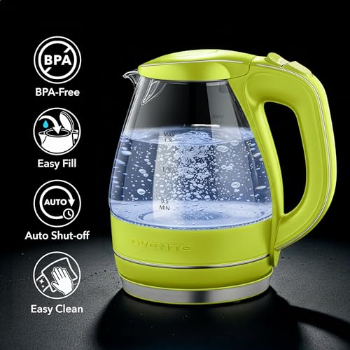 Image of OVENTE Electric Kettle, 1.5L Borosilicate Glass Countertop Water Heater and Boiler for Coffee or Tea, BPA-Free, Auto Shut-Off, Boil-Dry Protection, Removable and Washable Spout Filter, Green KG83G