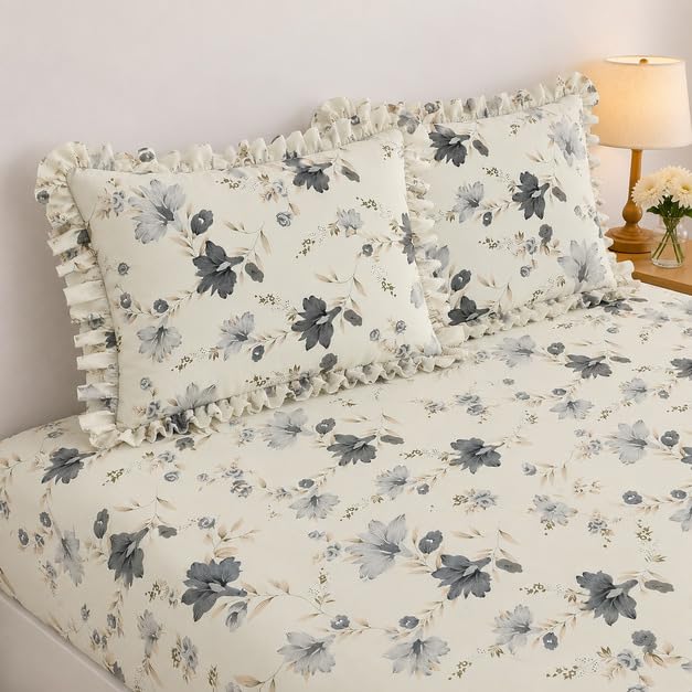Image of 380 TC Premium Glace Cotton Elastic Fitted Bedsheet King Size with 2 Pillow Covers King Size | Double Bed with All Around Elastic (White Floral, Fitted - 72 inchx78 inch King)
