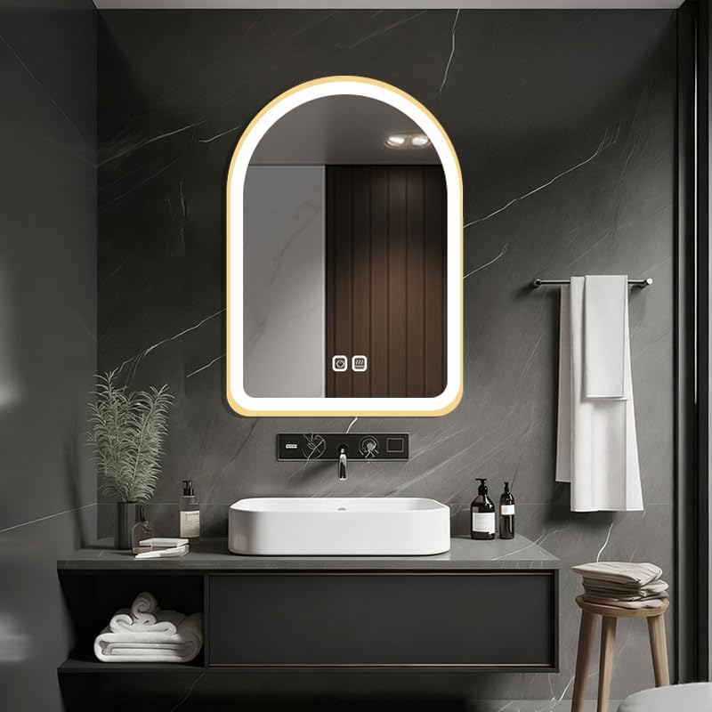 HIGHBATH 60 x 80 cm Arched LED Mirror for Bathroom, Arched Lighted Vanity Mirror, Dimmable, Shatter-Proof, Anti-Fog, 3 Colors, Memory, Gold