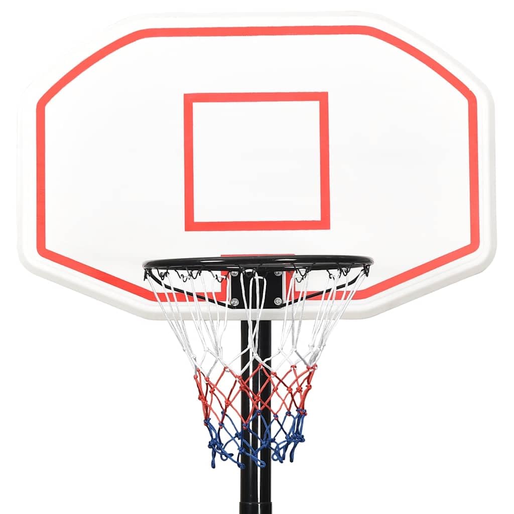 Supporto da basket regolabile in polietilene, bianco, regolabile in altezza da 258 a 363 cm, con cestino in acciaio e rete di nylon, ruote e base triangolare stabile