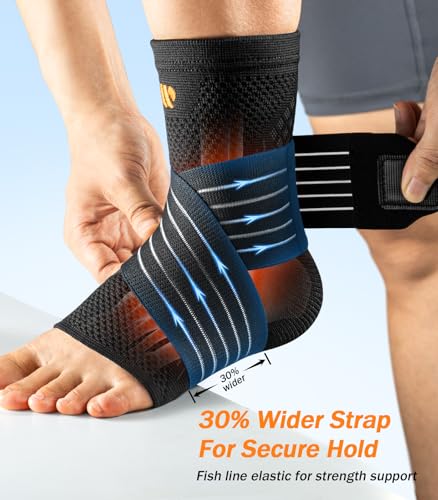 Image of Low-Profile Ankle Braces for Women & Men, Customizable Ankle Compression Sleeve w /Wide Strap, Foot Support Wrap for Plantar Fasciitis Pain Relief, Achilles Tendonitis, Sprain, Black, 1 Pair, S