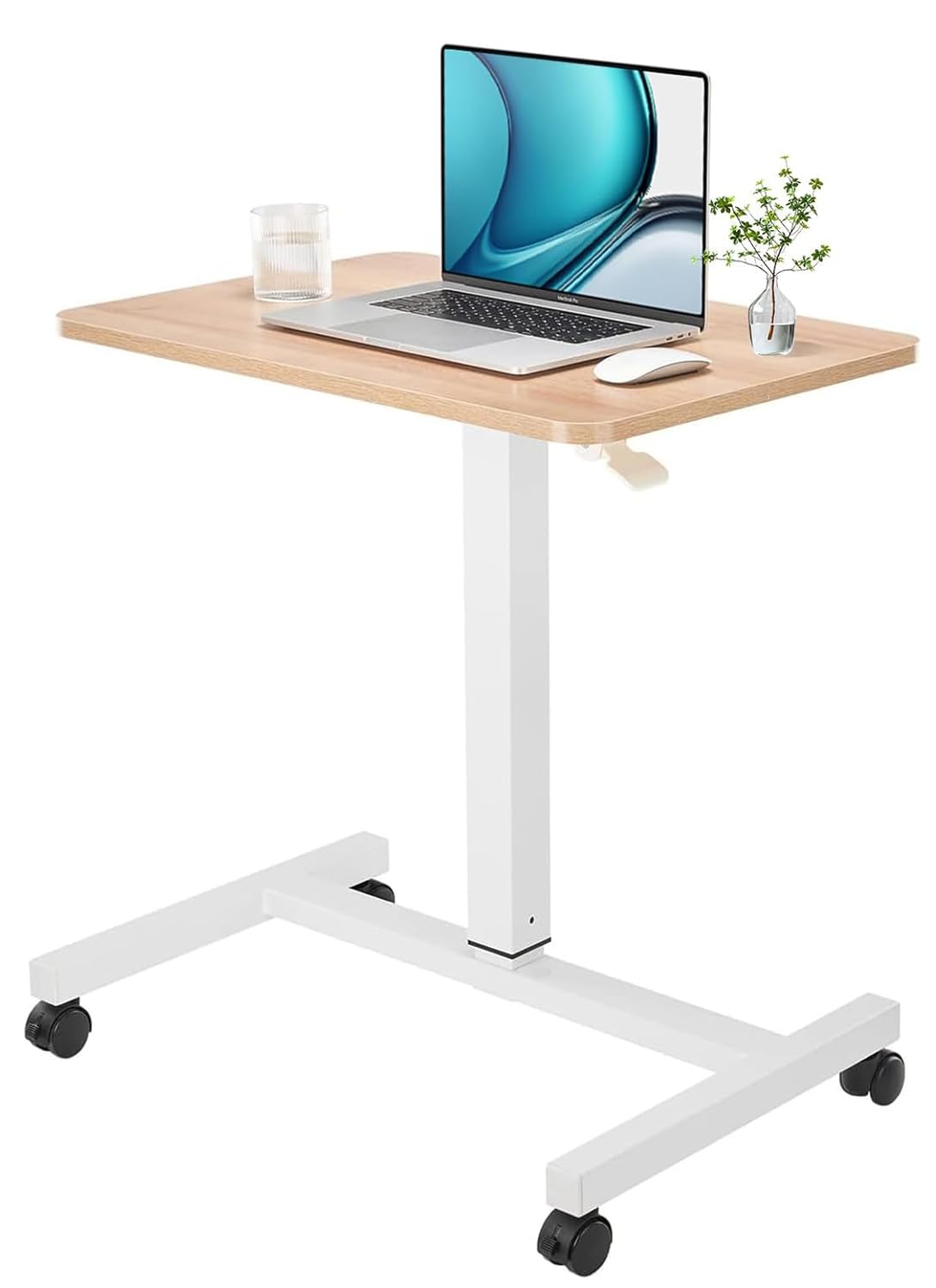 CLATINA Mobile Laptop Desk Pneumatic Sit to Stand Table Height Adjustable Rolling Cart with Lockable Wheels for Home Office Computer Workstation, 71 x 48 cm Beige Round Edge Design Elegant โ image 1