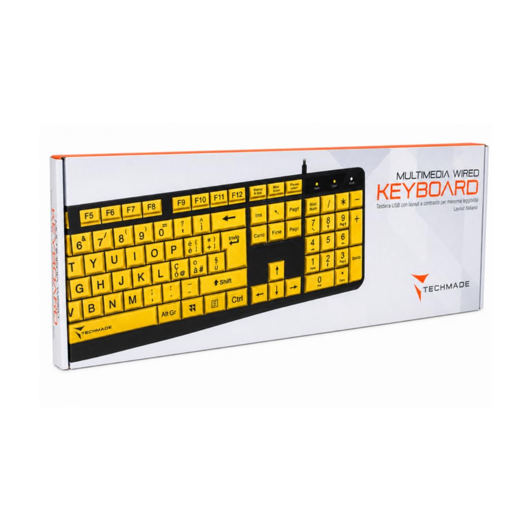 TECHMADE Tastiera per computer con filo per non vedenti (con lettere grandi), USB 2.0 ad alto contrasto con lettere di stampa sovradimensionate su sfondo giallo per persone ipovedenti e anziane
