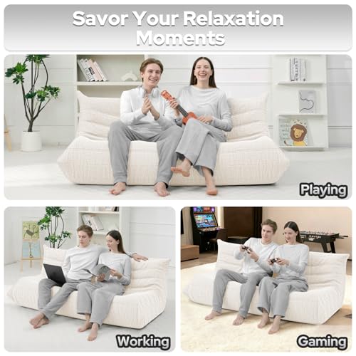 Image of Bean Bag Chairs Fireside Lazy Floor Sofa,3 Seater,Beige | Soft Teddy Fleece 3 Seater Sofa with High-Resilience Foam Filling,Beanbag for Living Room, Bedroom, Office