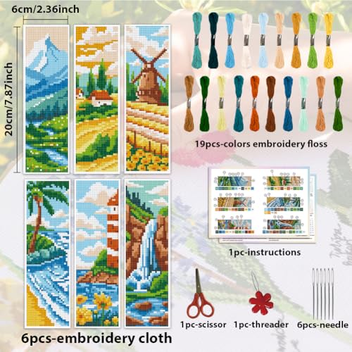 Image of ACRNIGHEET 6pcs Cross Stitch Bookmark Kits, Landscape DIY Cross Stitch Bookmarks, Embroidery Bookmark Cross Stitch Kits with Scenery Pattern, Stamped Cross Stitch Kit Bookmark for Beginners Adults