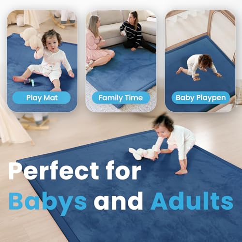 Image of 1.3 inch Thick Baby Play Mat for Floor, 39x59 Foam Tummy Time Mat, Padded Support Soft Plush Nursery Rug for Infant Kids Toddler Crawling Kick Activity (Royal Blue)