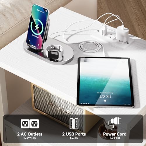Image of Furologee Nightstands Set of 2, End Tables Set of 2 with Charging Station and LED Lights, White Night Stands with 2 Fabric Drawers, Bedside Tables for Living Room /Bedroom