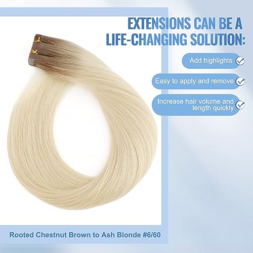 Image of Sixstarhair Invisible Tape In Hair Extensions Real Human Hair Rooted Blonde with Medium Brown Fading to Platinum Blonde Remy Hair Extensions for Women 20 Pieces 50g [Color #R6-60 16 inch]