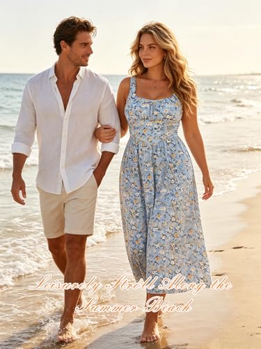 Image of YIOYOLA Womens Casual Summer Dress with Pockets | Sleeveless Square Neck Flowy A-Line Midi Sundress for Beach & Wedding Guest