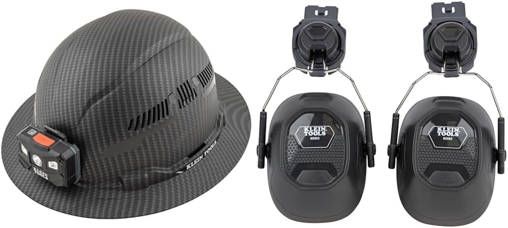 Klein Tools 60347 Hard Hat, Vented Full Brim, Class C, Premium KARBN Pattern, Rechargeable Lamp, Padded Sweat-Wicking Sweatband, Top Pad