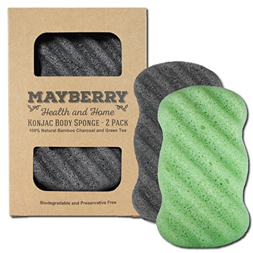 Konjac Sponge with Bamboo Charcoal and Green Tea – 2 Pack - 100% Natural Charcoal and Green Tea Body Sponges Each with Attached String for Hanging to Dry (2)