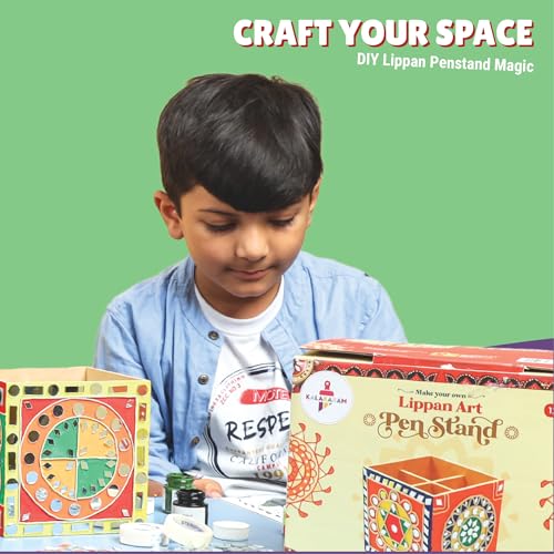 Image of Kalakaram Lippan Art & Craft Kit - DIY Painting Activity for Kids & Adults | Make Your Own Decorative Pen Stand with Pre-Marked Base | Traditional Mirror Art | Folk Art Home Decor Kit