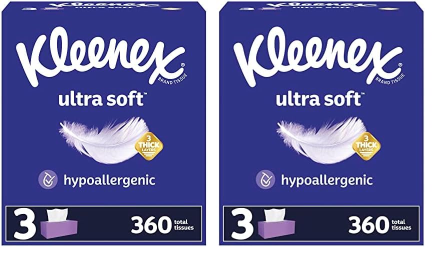 KleenexUltra Soft Facial Tissues, 3 Flat Boxes, 120 Tissues per Box, 3-Ply (360 Total Tissues), Packaging May Vary (Pack of 2)