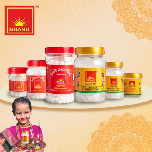 Image of BHANU 100g Pure and Original Bhimseni Camphor Jar | Refreshing Fragrance Aromatic Kapooram | Diffuser Camphor for Pooja, Hawan | Zero Residue Aarti Kapoor