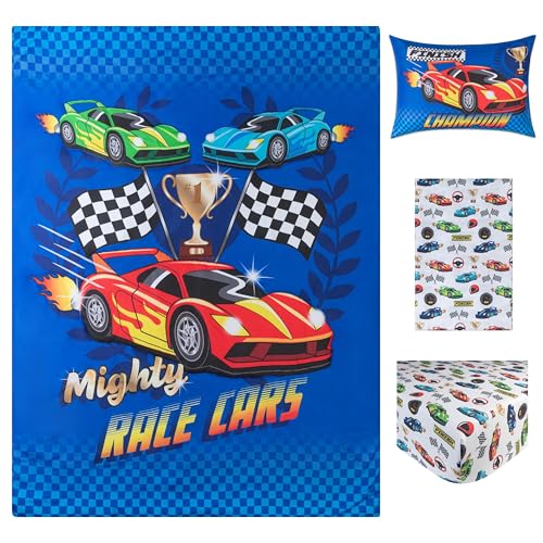 Image of Todays Kids 4-Piece Race Cars Toddler Bedding Set for Boys - Toddler Bed Sheets and Comforter Set with Reversible Comforter & Pillowcase, Flat Sheet, Fitted Sheet, Breathable & Super Soft Microfiber