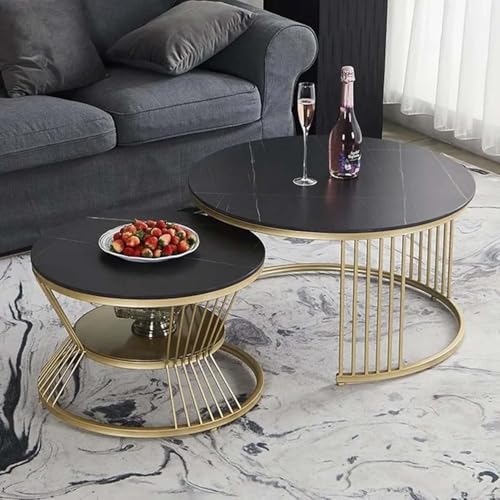 Image of Furniture Cafe Luxury Round Nesting Coffee Table Set of 2 with Black Marble Finish Top & Gold Metal Base | Modern Center Tables for Living Room, Lounge, Bedroom & Office