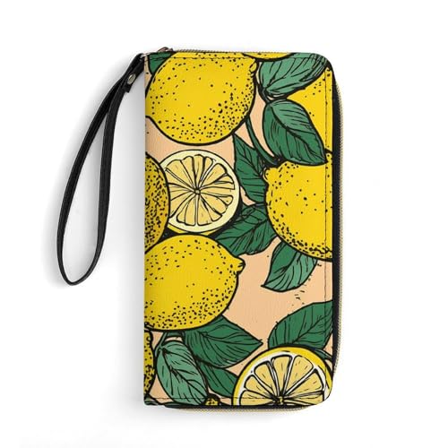 Yellow Lemon Leather Wallet Smooth Zip Around Clutch Wristlet Travel Long Soft Purse for Women
