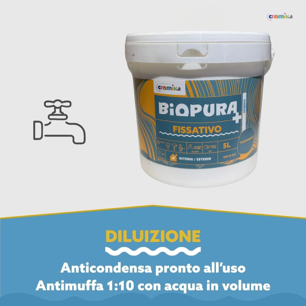CROMIKA Biopura Fissativo Isolante Antimuffa Anticondensa Per Pittura Alta Concentrazione per Interni ed Esterni Trasparente Made in Italy (Trasparente, Litri 5)