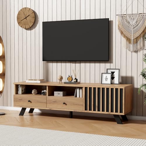 MUZHIXIANG Aparador 208 x 39,5 x 80 cm con 4 puertas y 2 cajones, mucho espacio de almacenamiento para cocina, comedor, salón (madera natural + tablero de partículas-4)