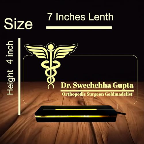 Image of PRINTKART Personalized LED Name and Designation Lamp for Doctors - 3D Illusion Gift, Laser Cut Acrylic, Wooden Base, Off White Color, 6 x 4 Inches (Doctor-5)