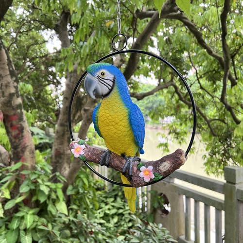 Bsirzam Hanging Scarlet Macaw Parrot Perching On Branch In Metal Round Ring For Home Patio Garden Decor 16 Inch H cover