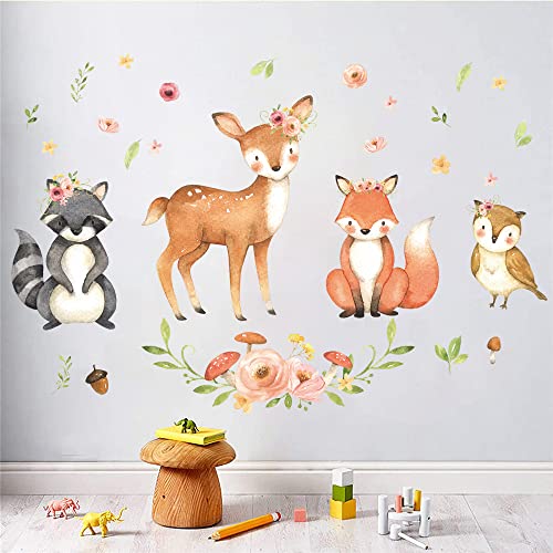 Image of Supzone Woodland Cartoon Animal Wall Stickers - Cute Raccoon, Deer, Fox, Owl Forest Animal Wall Decals for Kids, Baby Nursery, Playroom, Bedroom Decor
