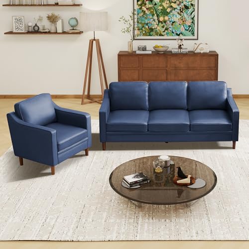 Image of Kingfun Couch Sets for Living Room, 3 Seater Couch and Armchair, Mid Century Modern Sofa Set, Faux Leather Couch with Solid Wood Frame for Bedroom