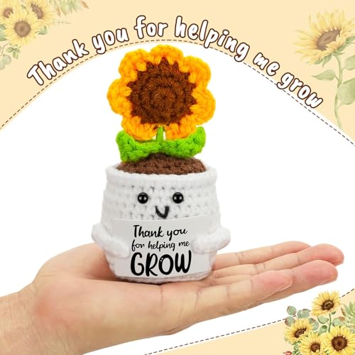 Image of BendJoy Crochet Sunflower Pot with Thank You Card for Women | 7 Petals Crochet Flower for Home, Office Desk & Car Dashboard Decor