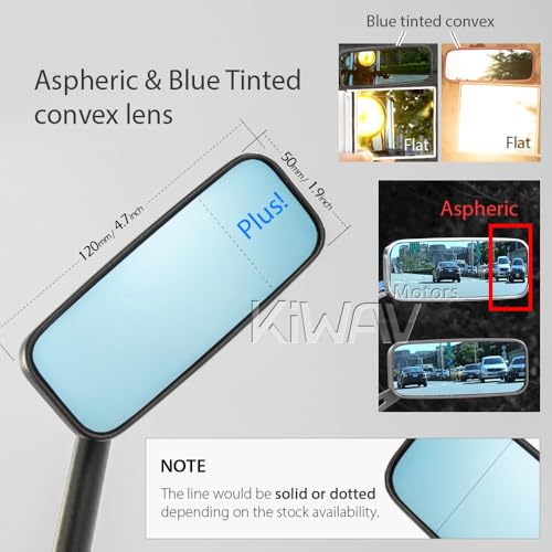 KiWAV Motorcycle Mirrors Rectangular ClassicPlus Black Convex Aspherical Anti-Glare Blue Tinted Glass Longer Stem 10mm 5/16 Inches Adapters for Cafe Racer Bobber Chopper Road Bike Pack of Pair - Thumbnail 7