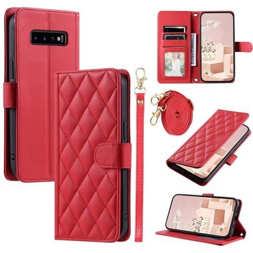 Accesorio para teléfono Compatible con Samsung Galaxy S10 Plus funda tipo cartera tarjetero de crédito, correa hombro magnética piel sintética suave, libro tapa a prueba golpes For mujer(Rosso)