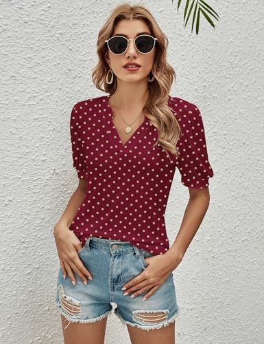 Romanstii Women Casual V-Neck T-Shirts Loose Puff Short Sleeve Tops Tunic Blouses3