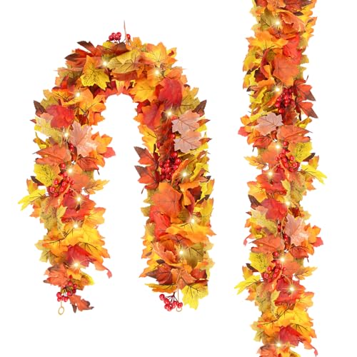 2 Piezas de Decoracion Otoño, Plantas Artificiales Decorativas de Guirnalda Incluye 4 Ganchos y Luz Halloween y Decoración Invierno, 175cm
