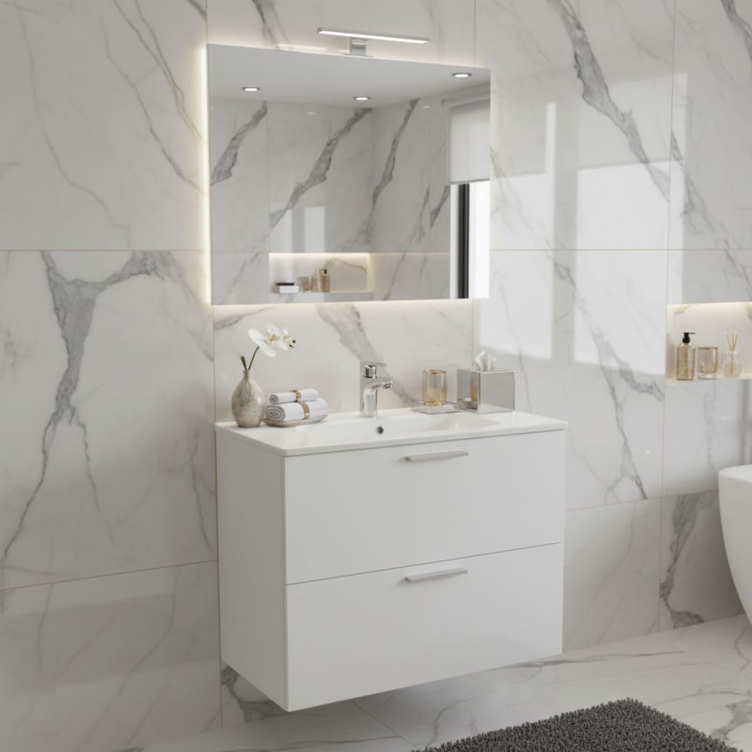 Mobile bagno sospeso 80 cm bianco con 2 cassetti incluso lavabo e specchio con luce - Mia | Vitra