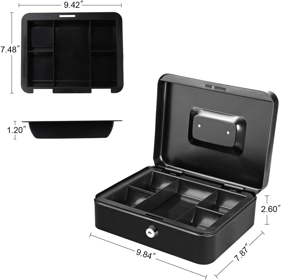 Cash Box with Money Tray, Parrency Large Money Box with Key Lock, 9.8 x 7.9 x 3.5 inches, Black : Office Products