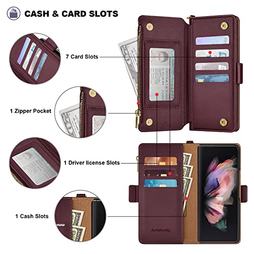 Antsturdy Samsung Galaxy Z Fold 3 5G Wallet With Card Holder For Women Men,Galaxy Z Fold 3 5G Phone Case Rfid Blocking Pu Leather Flip Shockproof Cover With Strap Zipper Credit Card Slots,Wine Red #TOP5