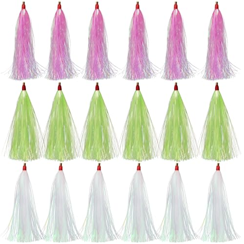 OROOTL Fishing Teasers, 18pcs Mylar Flash Bucktail Teaser Trolling Skirt Lure Tail for Saltwater Fishing Flounder Rigs Cod Sea Bass Wahoo, Mix 3 Colors