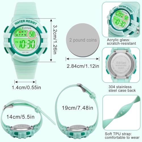 Image of Edillas Kids Watches Digital Girls Boys, 7 Colors Light Wristwatches for Child Waterproof Sport Outdoor Multifunctional with Stopwatch /Alarm for Kids(Green)