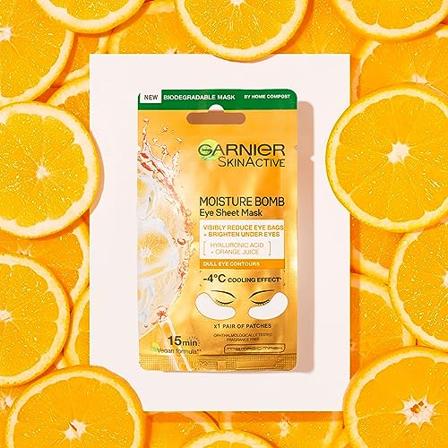 Garnier Moisture Bomb Eye Mask With Hyaluronic Acid And Orange Juice, Hydrating And Brightening Under Eye, Reduce Appearance Of Eye Bags, Biodegradable And Vegan Tissue, Orange, 28 G, Pack Of 1 - Image 6
