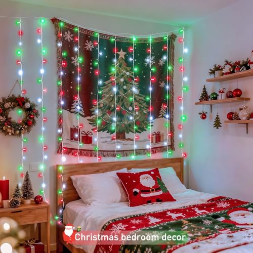 Image of JMEXSUSS 300LED Red White and Green Christmas Curtain Lights with Remote