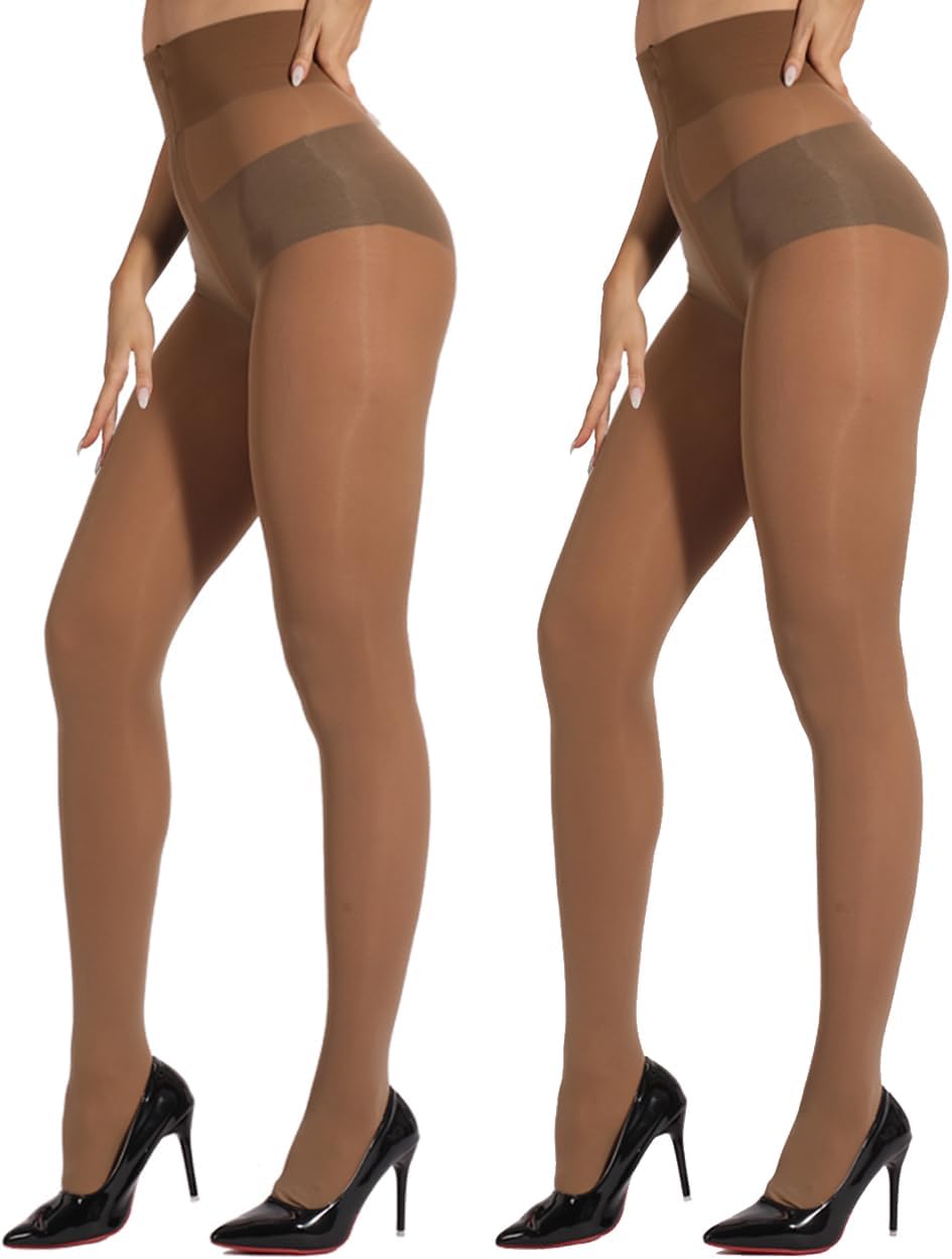 2 Pairs Indestructible Tights for Women,Rip Resistant Pantyhose, 40D Semi Sheer Control Top High Waist Tights