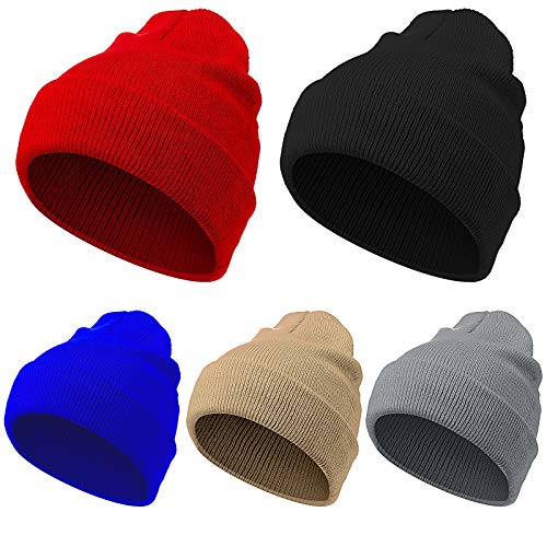 Geyoga 5 Pieces Knit Beanie Hat Acrylic Warm Winter Hats Soft Unisex Cuffed Beanie for Women Men