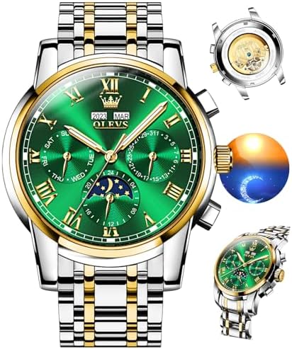 OLEVS Men’s Automatic Mechanical Watches Luxury Green Face Watches for Men Mechanical Chronograph Self Winding Waterproof Stainless Steel Man Watch Relojes para Hombres