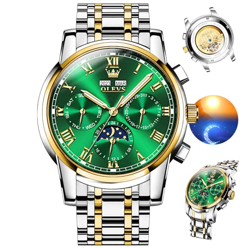 OLEVS Watch Men Automatic Watches for Men Luxury Mechanical Classic Stainless Steel Moon Phase Waterproof Dress Roman Numerals Big Face Chronograph Wrist Watch for Man, 6692 Gold and Silver Band/Green