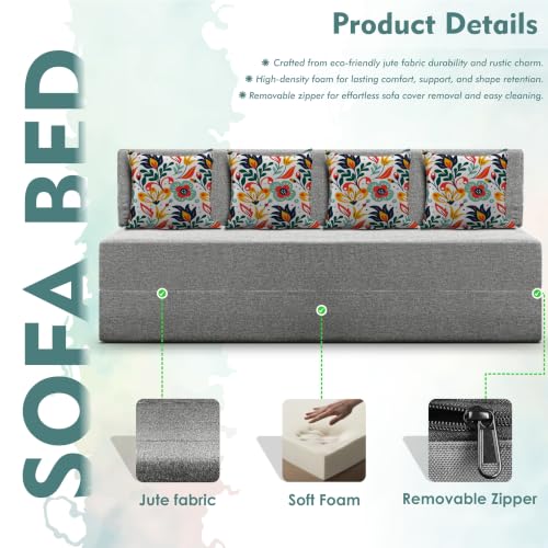 Image of Los Angeles Foldable Four Seater Sofa Cum Bed, Sofa Bed 6 X 6 Feet Jute Fabric Washable Cover- Including Cushion Perfect for Living Room - Grey