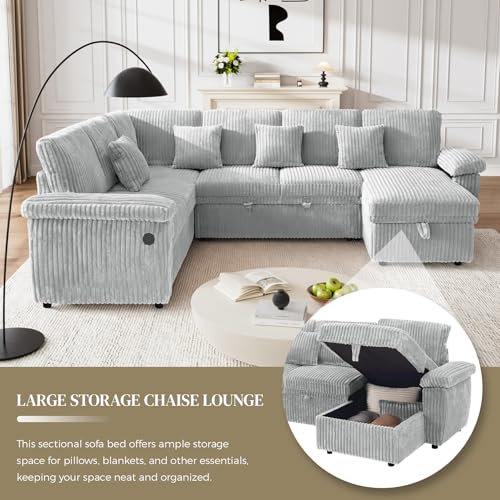 Image of Sectional Sleeper Sofa, Fluffy Soft Corduroy Couch with Pull Out Bed and Storage Chaise, Modern Comfy U Shaped Couch with USB Charger for Living Room, Apartment, Small Spaces, Grey