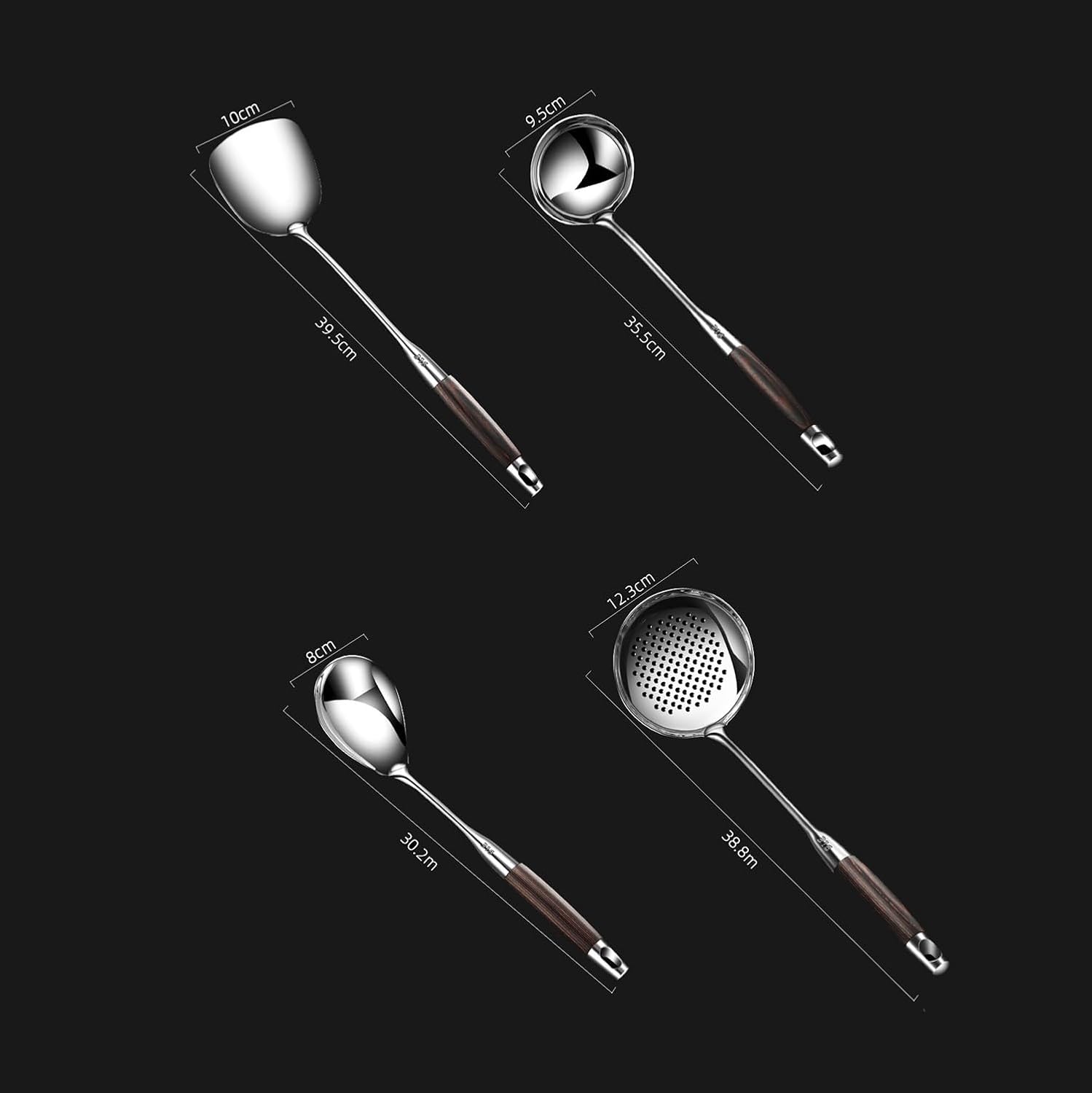 Kitchen Utensil Set of 4, 316 Stainless Steel Anti-scalding Wooden Handle Kitchen Tools Set, Suitable for Kitchen Cooking Restaurant