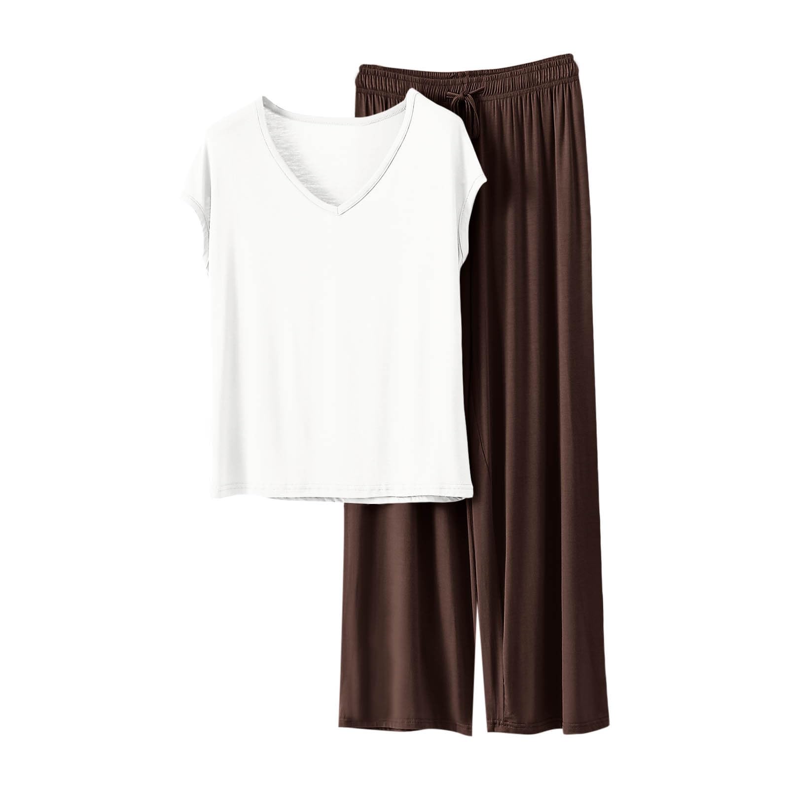 HGps8w Women's Short Sleeve Summer Pajamas Sets, Loose V Neck Top Matching Wide Leg Pants Soft Modal 2 Piece Lounge Outfits