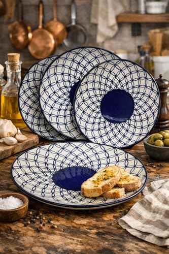 Image of Ceramic Plate Set,10 inches - Set of 6 Large Size Dinner Plate for Snacks, Appetizers etc. Handmade Stoneware Dinner Plate (Blue) (Blue Jaal)